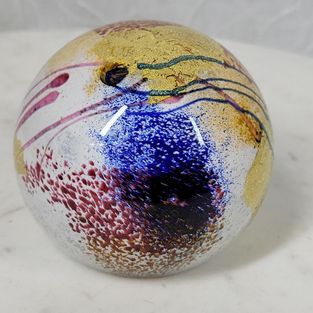 VTG Earl O James Paperweight 3" Blue Gold Flecks Handblown Art Glass‎ Signed '99
